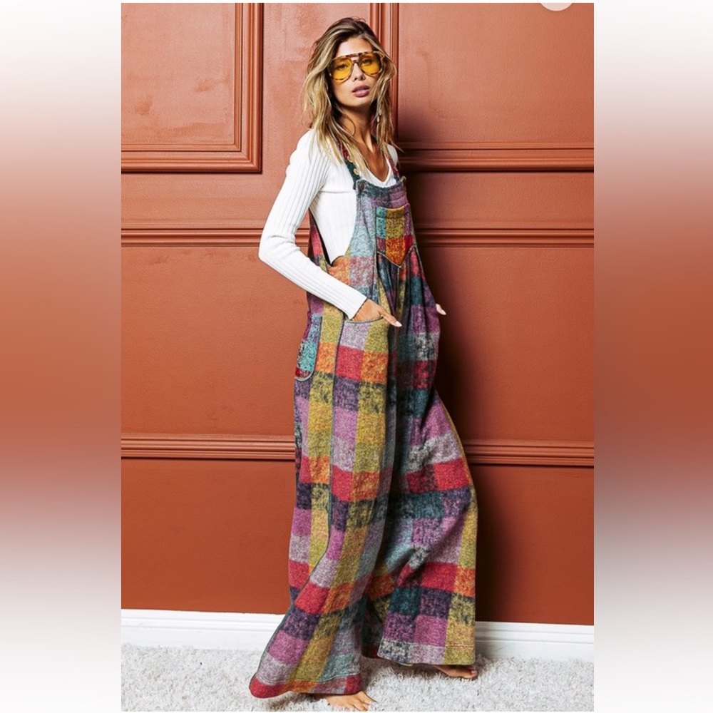 VINTAGE BRUSHED MULTI CHECKERED AND PLAID BOHO OVERALLS JUMPSUIT - Picture 3 of 8
